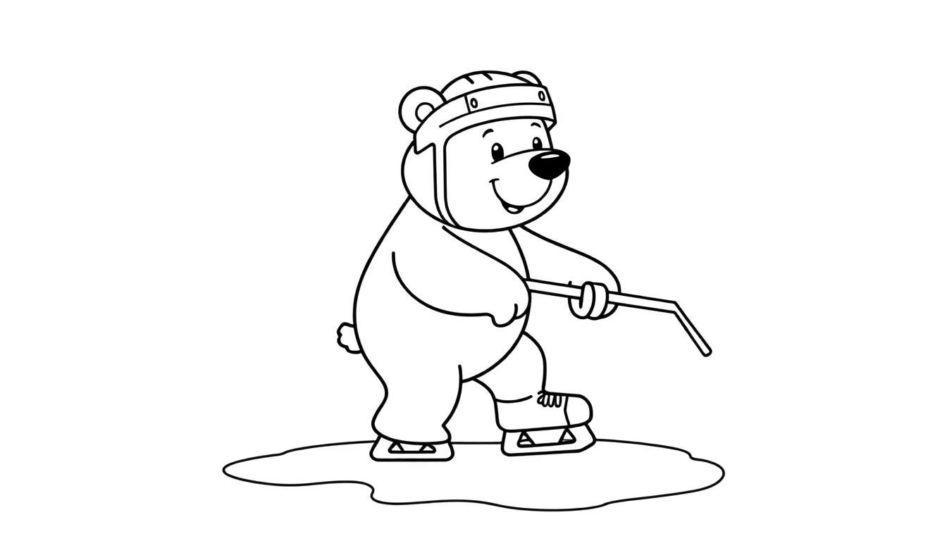 Coloriage d'un ours de dessin animé en noir et blanc avec un casque de hockey et des patins à glace, tenant un bâton de hockey.
