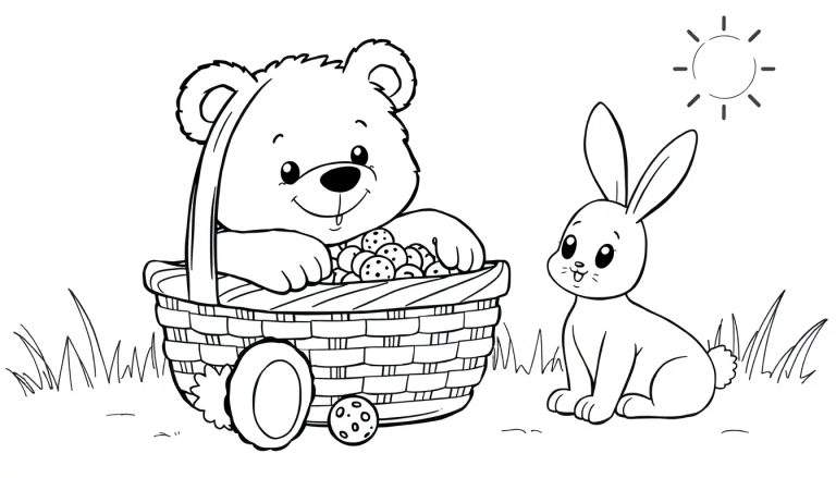 Coloriage d'un ours en peluche dans un panier d'œufs de Pâques et d'un lapin dans l'herbe sous un soleil éclatant.