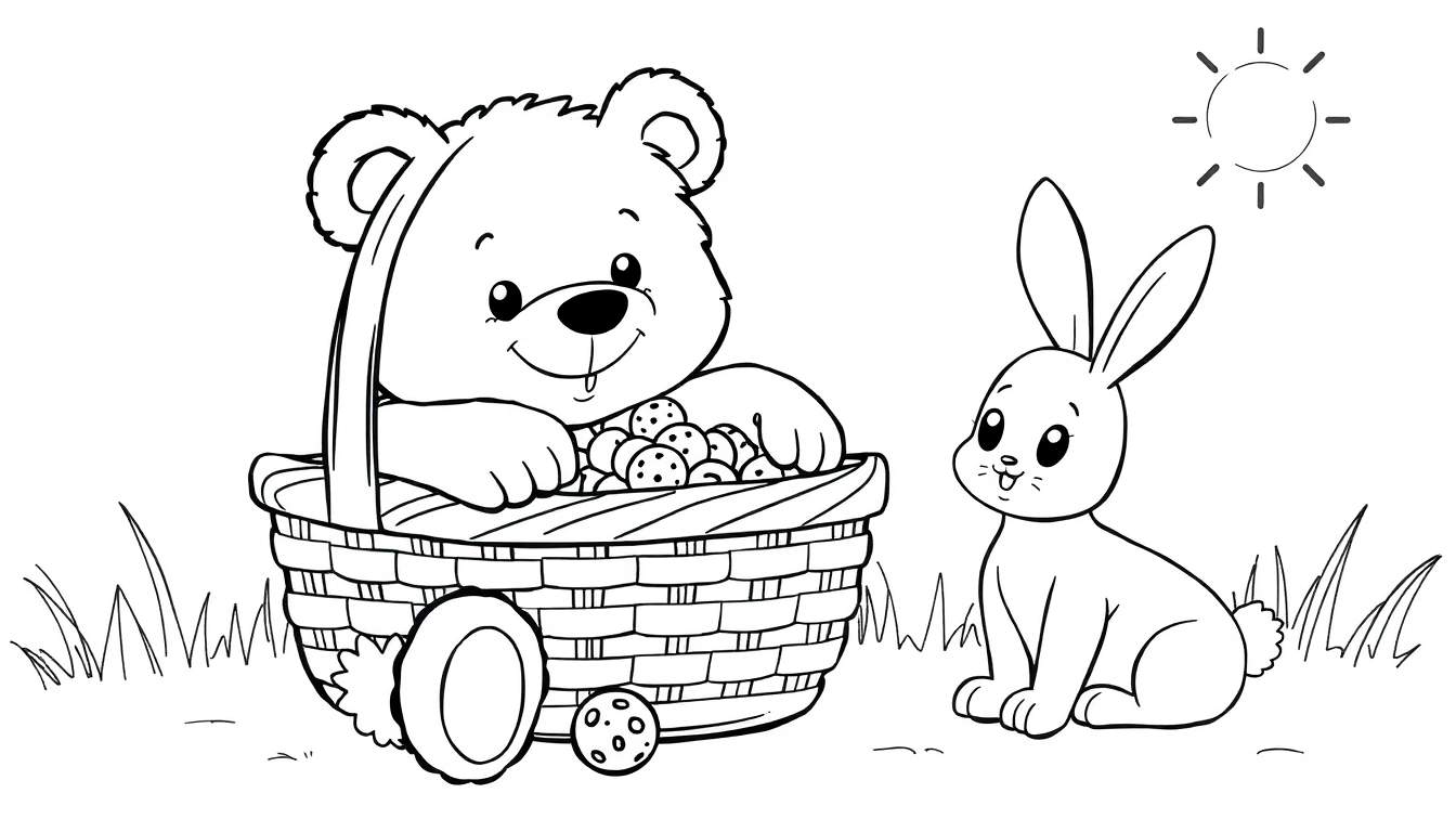 Coloriage d'un ours en peluche dans un panier d'œufs de Pâques et d'un lapin dans l'herbe sous un soleil éclatant.