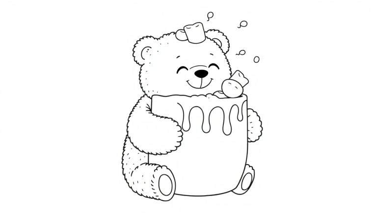 Dessin au trait d'un ours en peluche souriant avec des guimauves sur la tête, tenant un pot de miel d'où s'échappent des bulles.