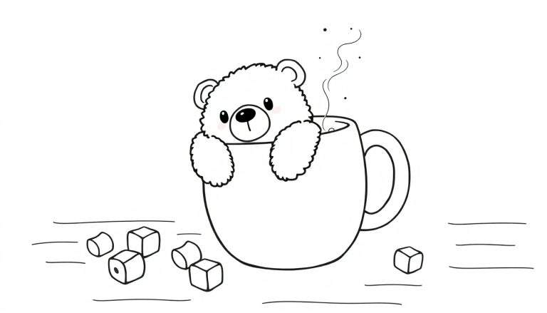 Dessin au trait pour coloriage d'un ours en peluche blanc assis dans une tasse avec de la vapeur et des formes géométriques.