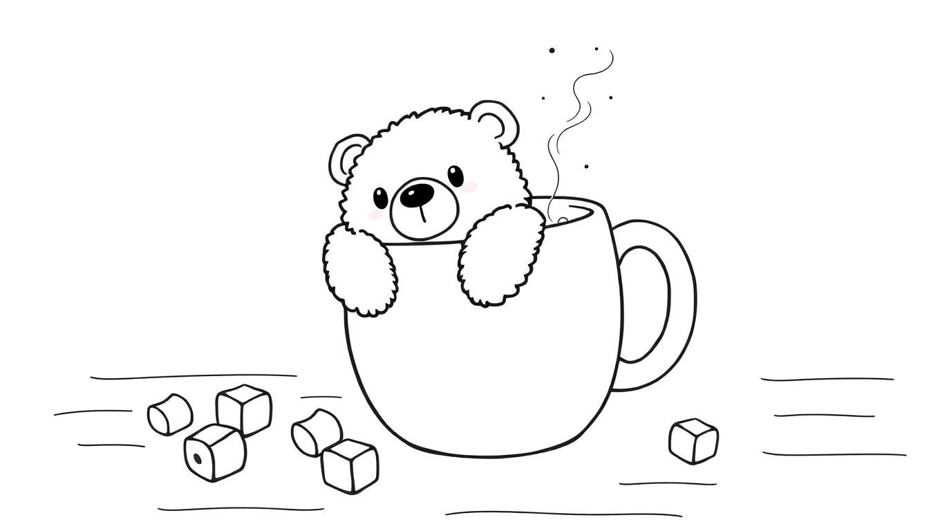 Dessin au trait pour coloriage d'un ours en peluche blanc assis dans une tasse avec de la vapeur et des formes géométriques.