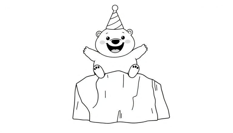 Coloriage d'un ours polaire souriant avec un chapeau de fête sur un morceau de glace, bras levés.