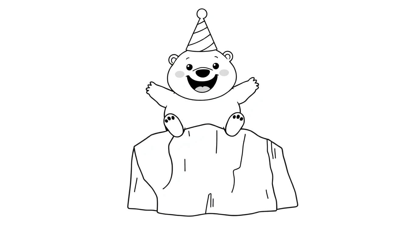 Coloriage d'un ours polaire souriant avec un chapeau de fête sur un morceau de glace, bras levés.
