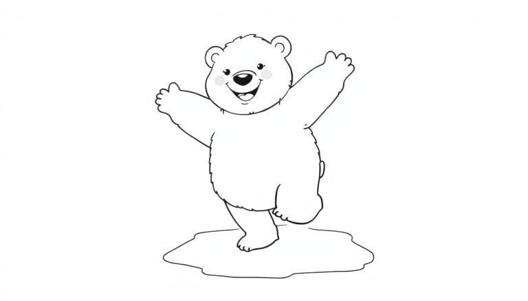 Coloriage d'un ours polaire de dessin animé dansant joyeusement sur un morceau de glace.