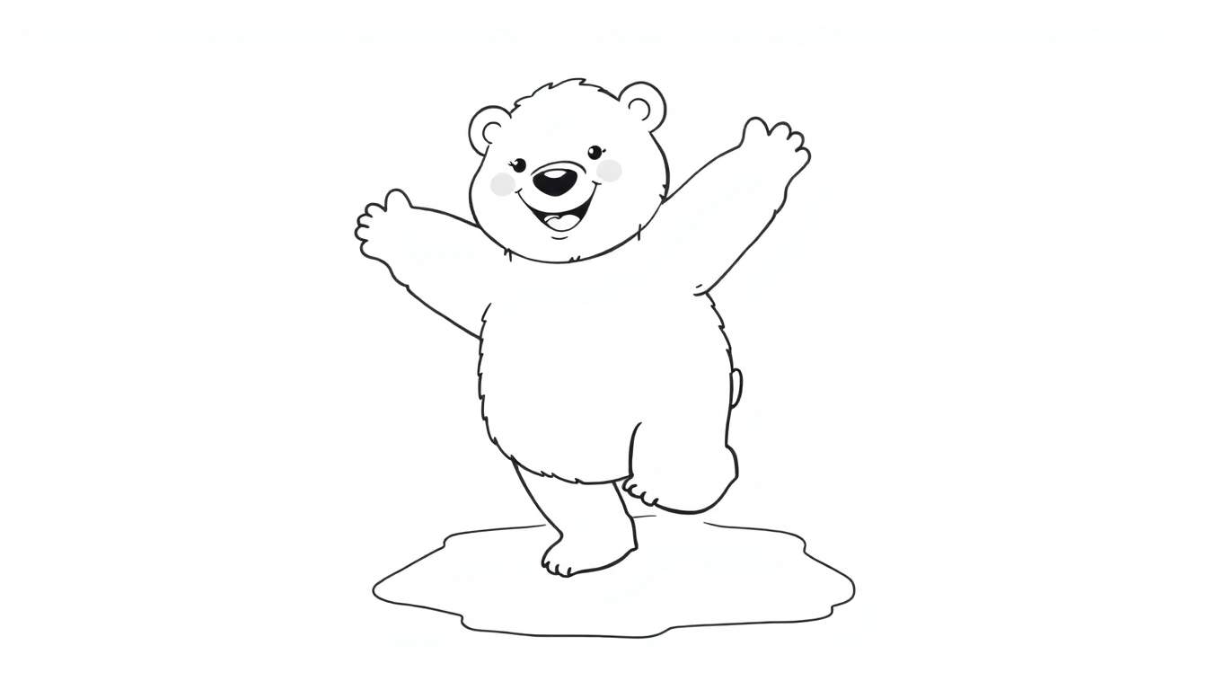 Coloriage d'un ours polaire de dessin animé dansant joyeusement sur un morceau de glace.