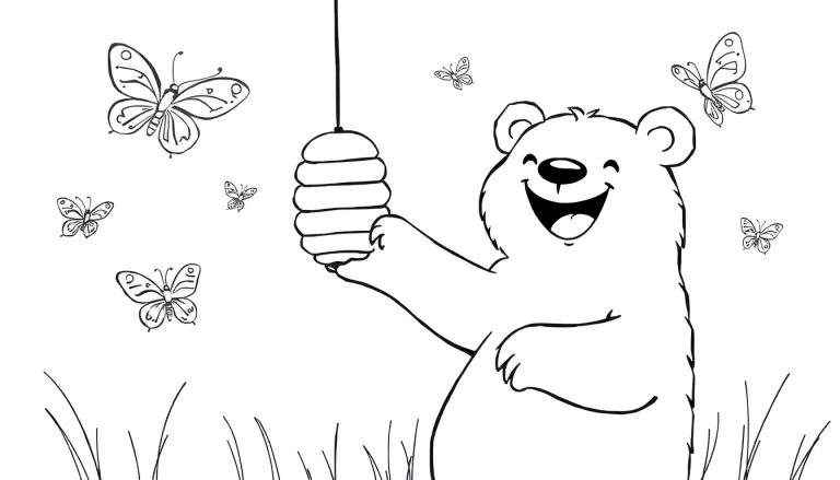 Dessin au trait d'un ours souriant tenant une ruche, entouré de papillons et d'herbe.
