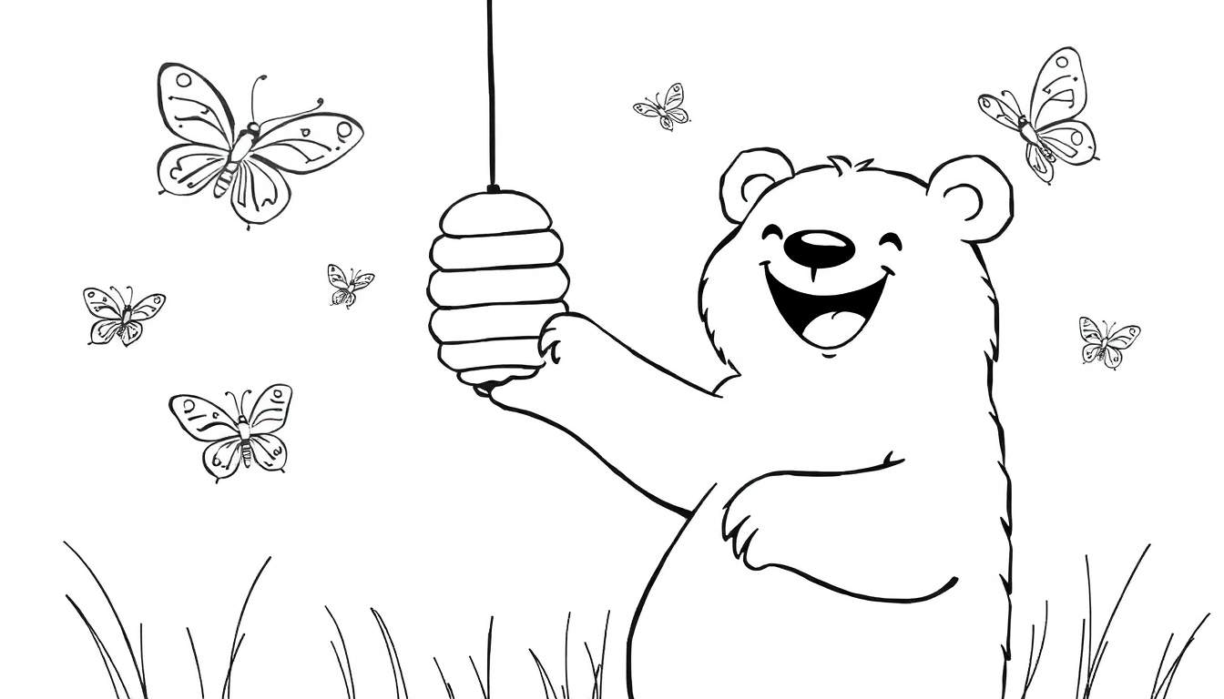Dessin au trait d'un ours souriant tenant une ruche, entouré de papillons et d'herbe.