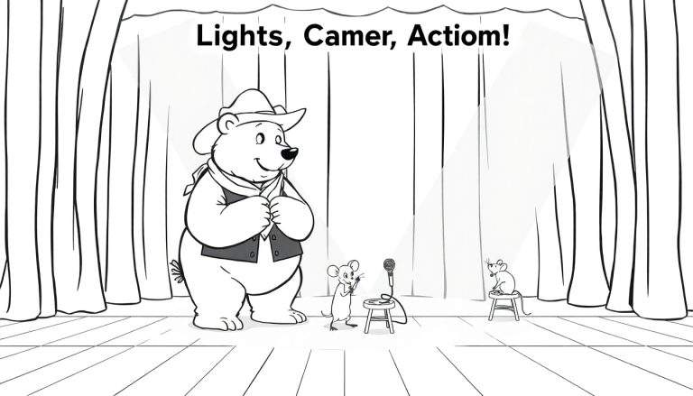 Coloriage d'un ours en chapeau de cowboy et gilet sur une scène, avec un microphone et des rats musiciens. Le texte 'Lights, Camer, Action!' est visible.
