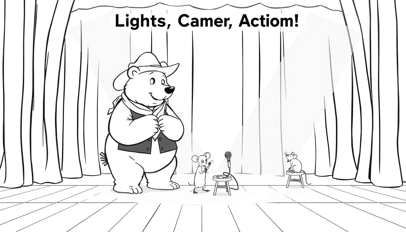 Coloriage d'un ours en chapeau de cowboy et gilet sur une scène, avec un microphone et des rats musiciens. Le texte 'Lights, Camer, Action!' est visible.