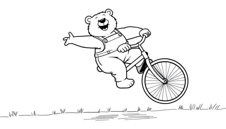 Dessin au trait d'un ours heureux à vélo, portant une salopette et levant un bras.