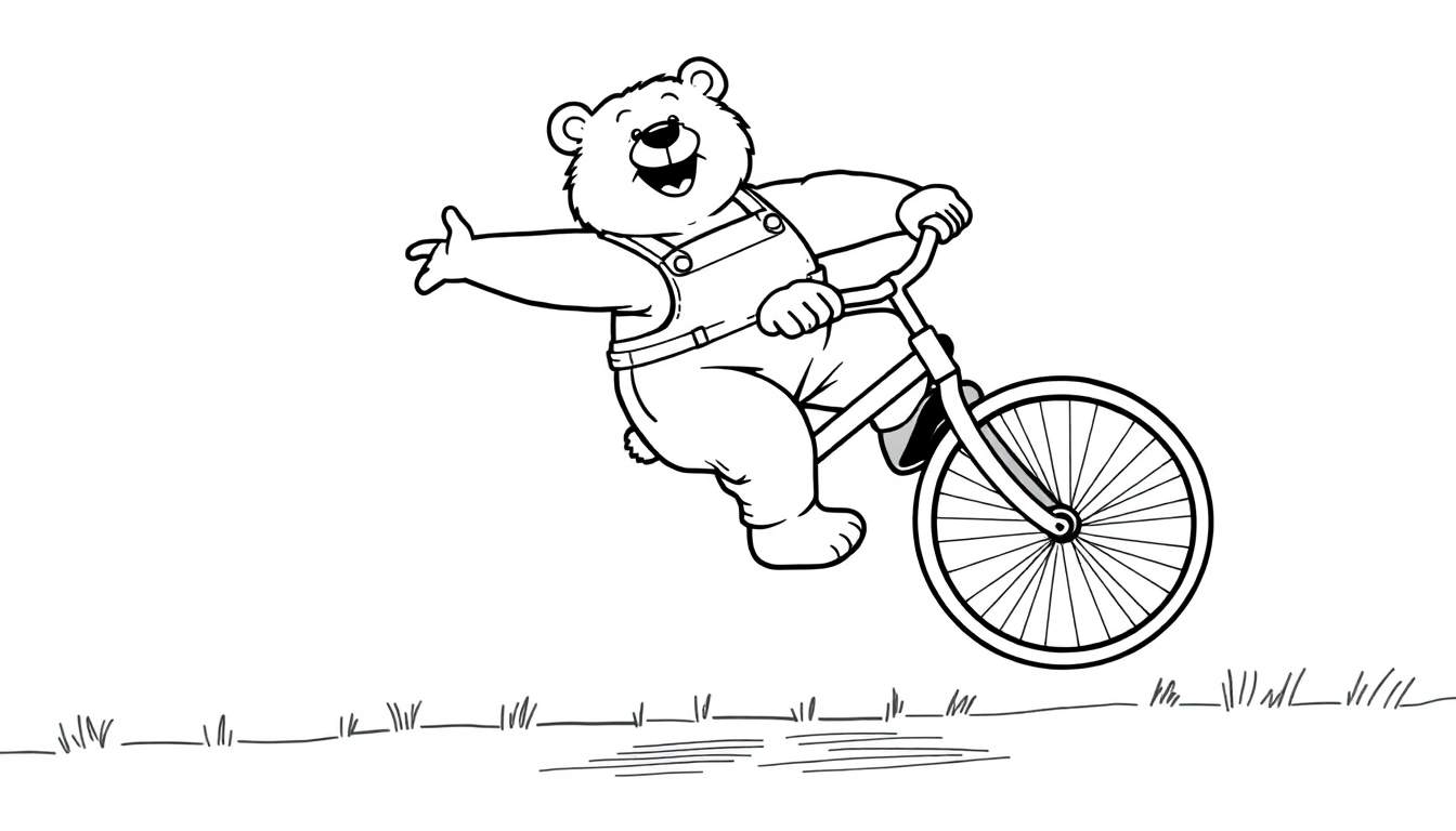 Dessin au trait d'un ours heureux à vélo, portant une salopette et levant un bras.