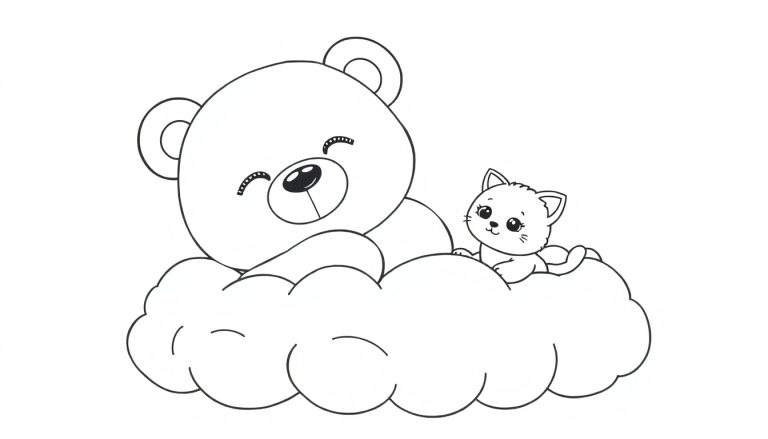 Coloriage d'un ourson endormi et d'un chaton assis sur un nuage, avec des expressions joyeuses.