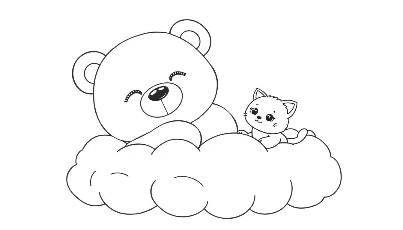 Coloriage d'un ourson endormi et d'un chaton assis sur un nuage, avec des expressions joyeuses.
