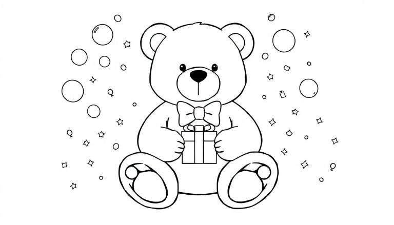 Dessin au trait noir et blanc d'un ourson en peluche assis avec un cadeau et un nœud papillon, entouré de bulles et d'étoiles, prêt à être colorié.