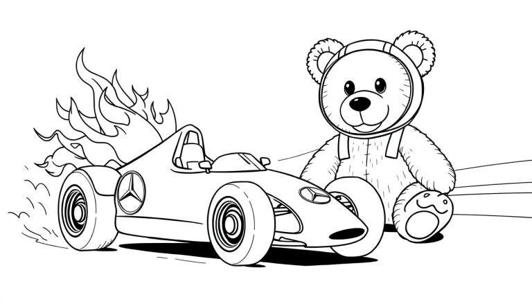 Dessin à colorier d'un ourson en peluche avec un casque de pilote, assis à côté d'une voiture de course avec des flammes et de la fumée.