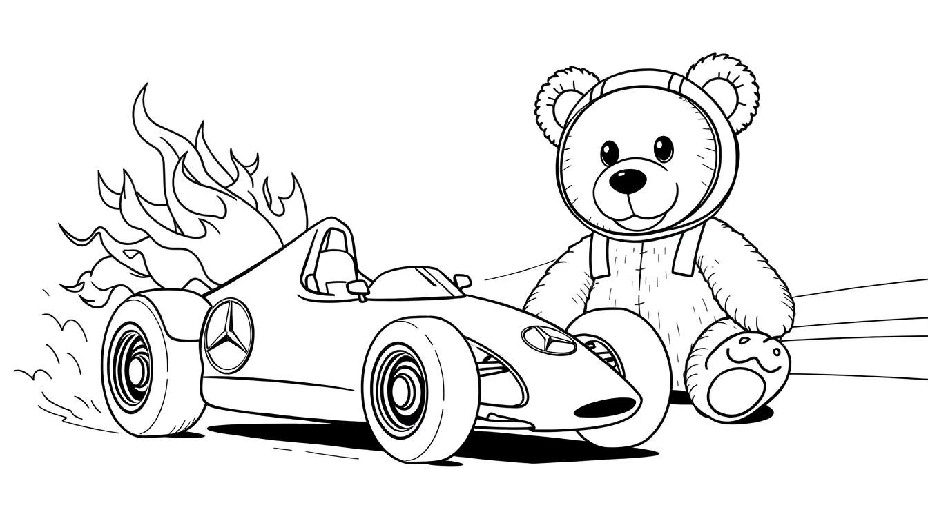 Dessin à colorier d'un ourson en peluche avec un casque de pilote, assis à côté d'une voiture de course avec des flammes et de la fumée.