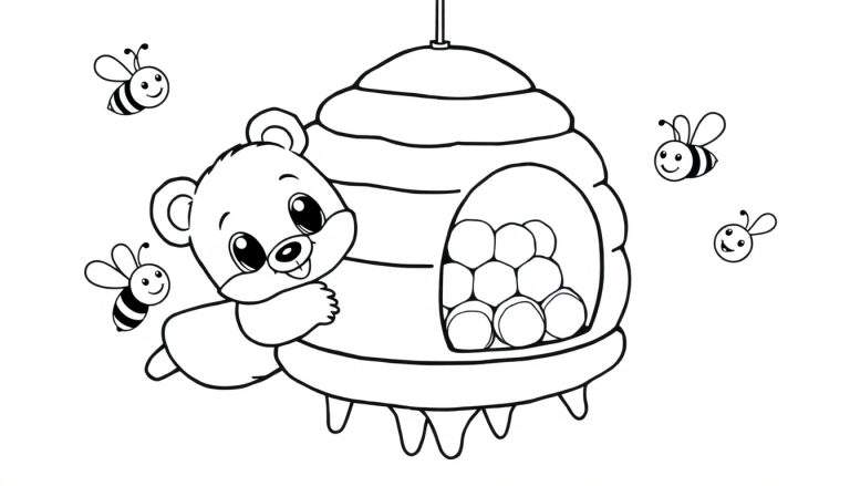 Dessin au trait d'un ourson curieux agrippant une ruche d'où coulent des gouttes de miel, avec trois abeilles souriantes volant autour.
