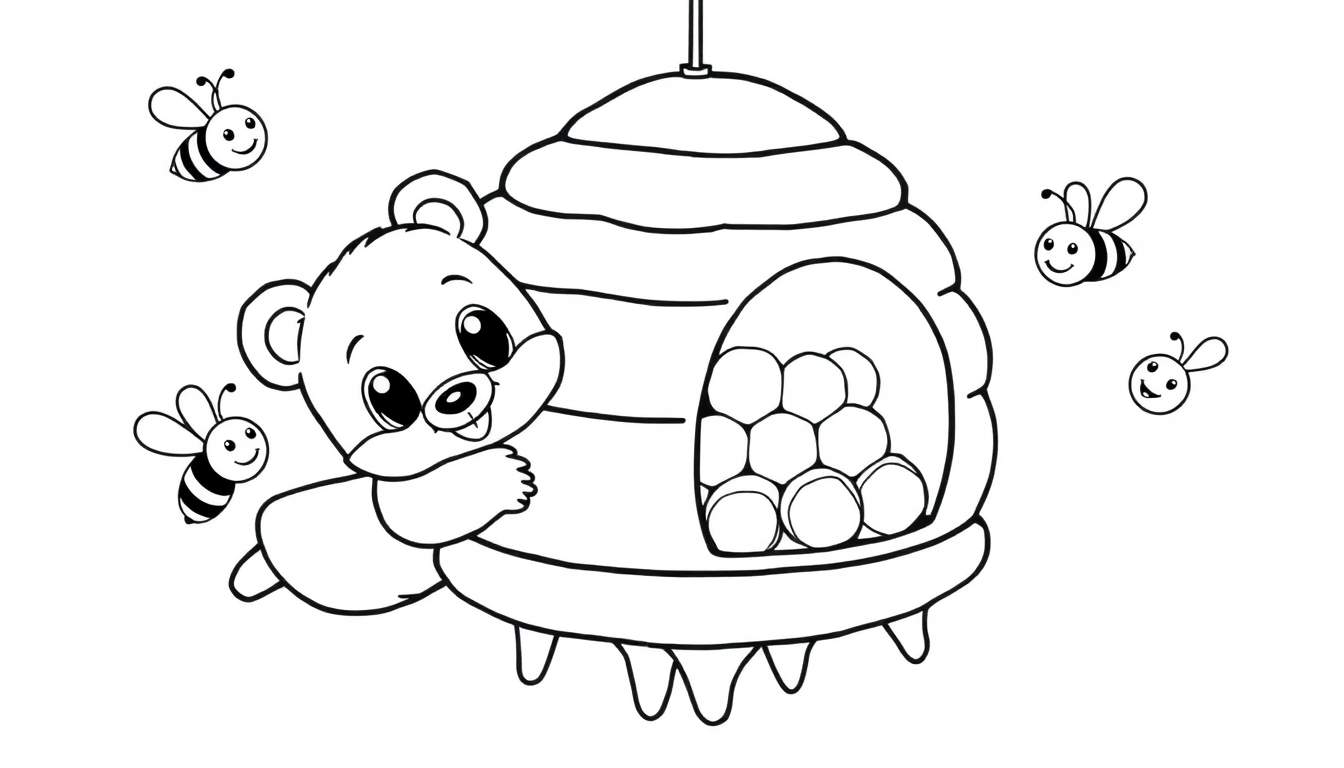 Dessin au trait d'un ourson curieux agrippant une ruche d'où coulent des gouttes de miel, avec trois abeilles souriantes volant autour.