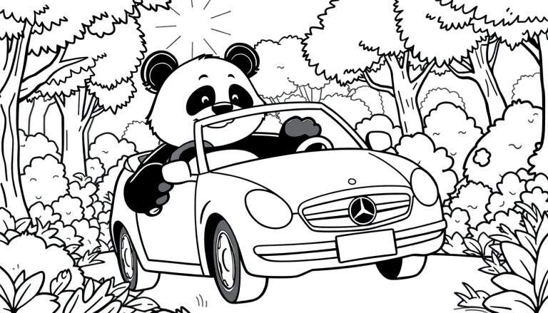 Dessin pour coloriage d'un panda conduisant une voiture de sport décapotable dans une forêt.
