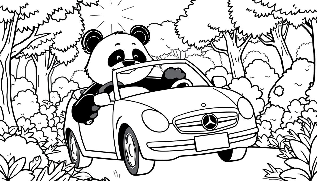 Dessin pour coloriage d'un panda conduisant une voiture de sport décapotable dans une forêt.