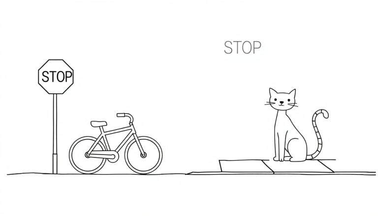 Coloriage d'un panneau stop, d'un vélo et d'un chat sur un trottoir, avec le mot STOP écrit.