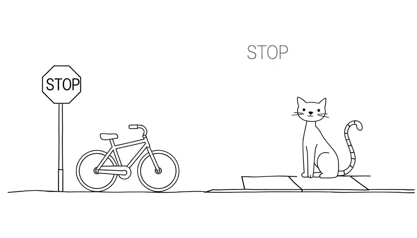 Coloriage d'un panneau stop, d'un vélo et d'un chat sur un trottoir, avec le mot STOP écrit.