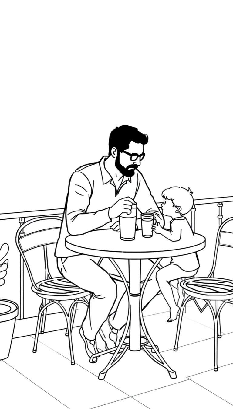 Dessin au trait d'un père et de son fils buvant un verre à la terrasse d'un café