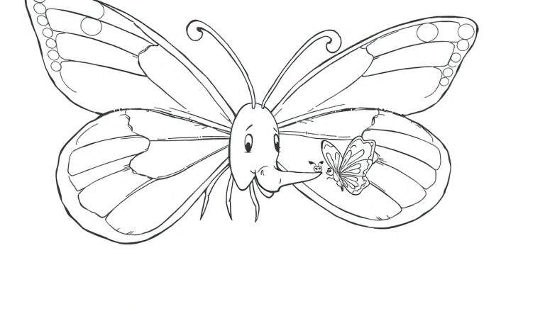Dessin au trait noir et blanc d'un grand papillon avec un petit papillon sur sa trompe, prêt à être colorié.