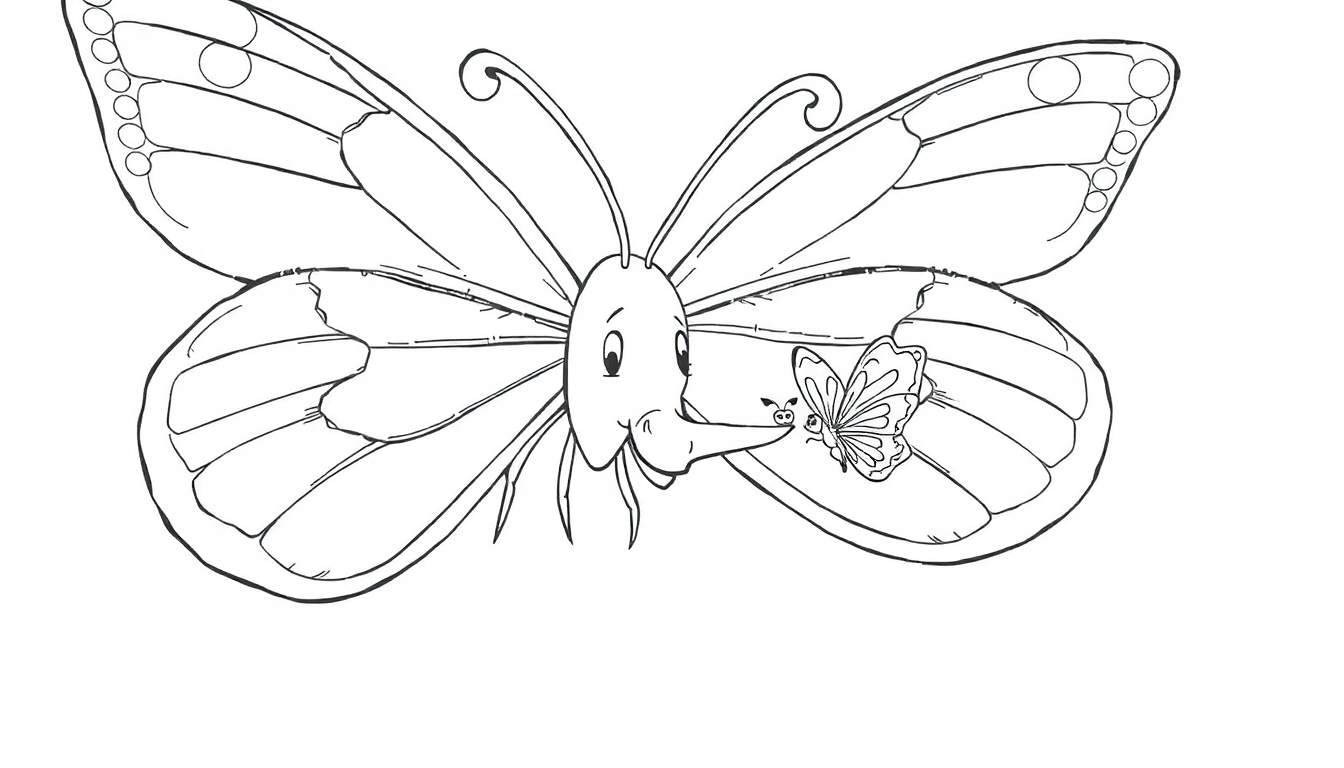Dessin au trait noir et blanc d'un grand papillon avec un petit papillon sur sa trompe, prêt à être colorié.