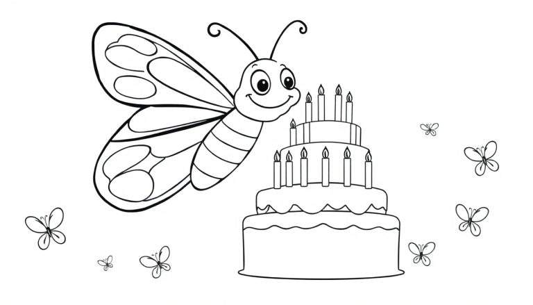 Dessin au trait d'un papillon souriant à côté d'un gâteau d'anniversaire à plusieurs étages avec des bougies allumées, entouré de petits papillons volants.