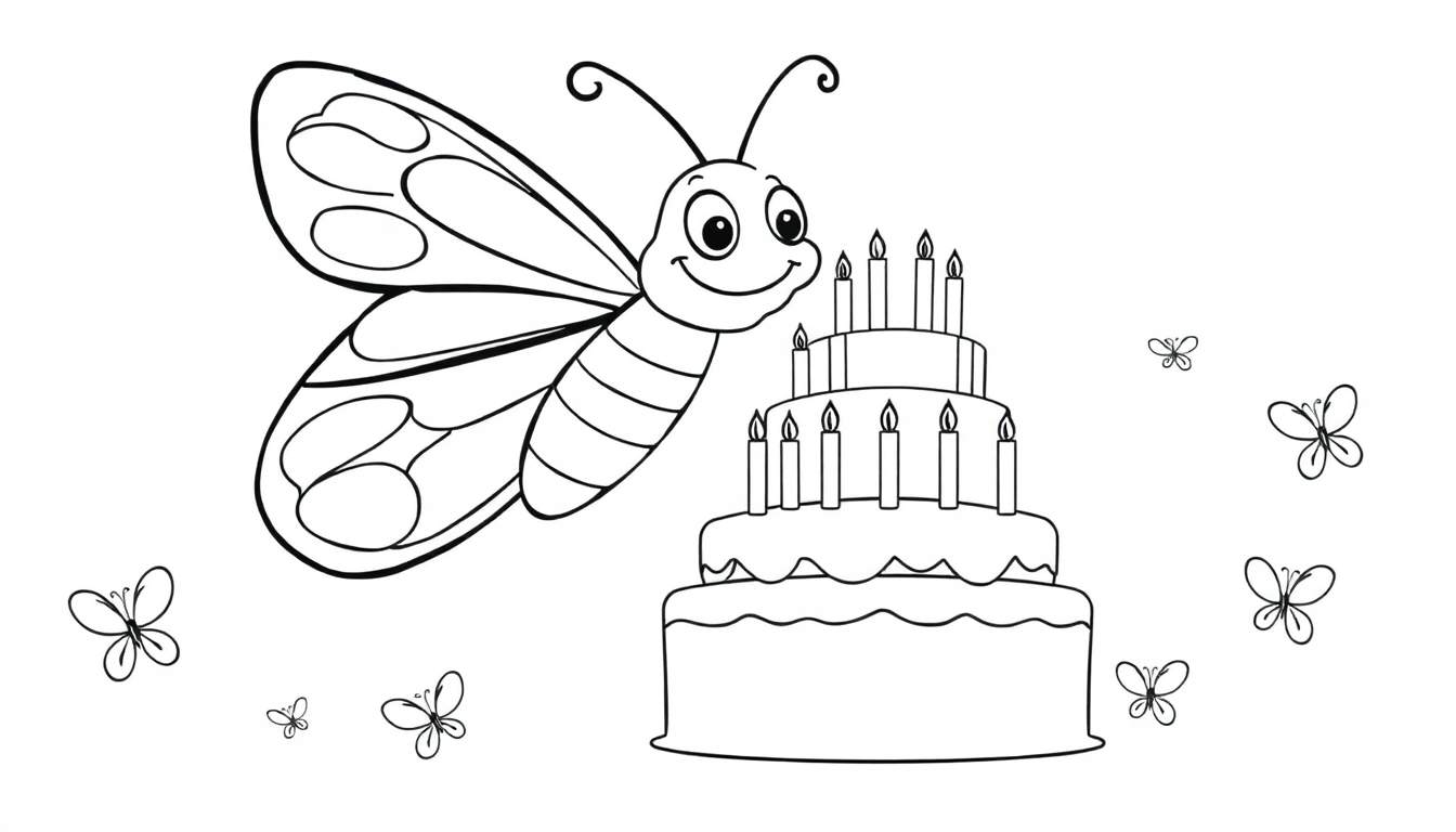 Dessin au trait d'un papillon souriant à côté d'un gâteau d'anniversaire à plusieurs étages avec des bougies allumées, entouré de petits papillons volants.