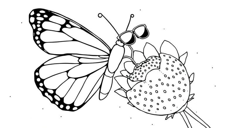 Dessin au trait d'un papillon avec des lunettes de soleil et des ailes détaillées, au-dessus d'une fraise avec des graines.