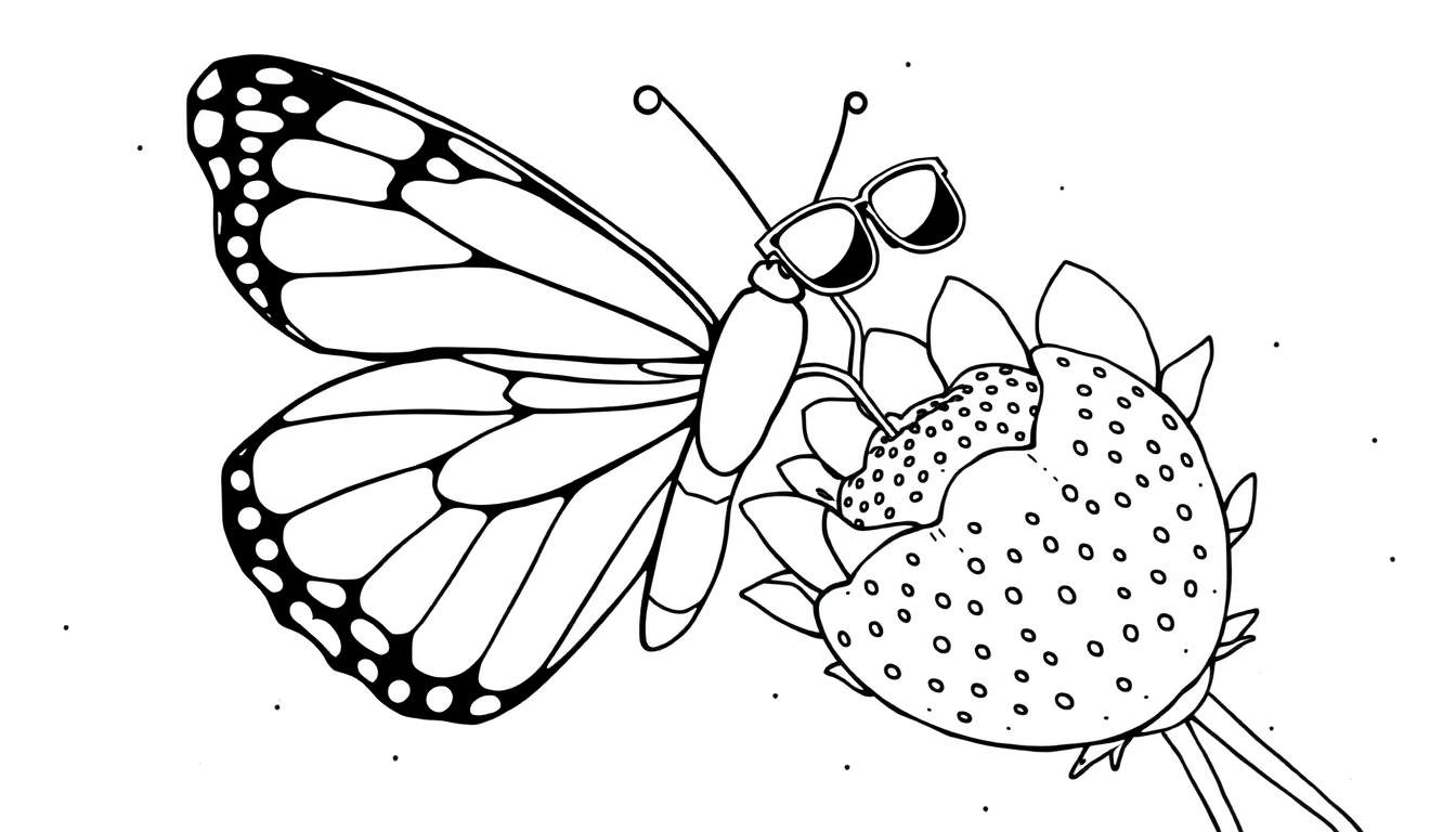 Dessin au trait d'un papillon avec des lunettes de soleil et des ailes détaillées, au-dessus d'une fraise avec des graines.