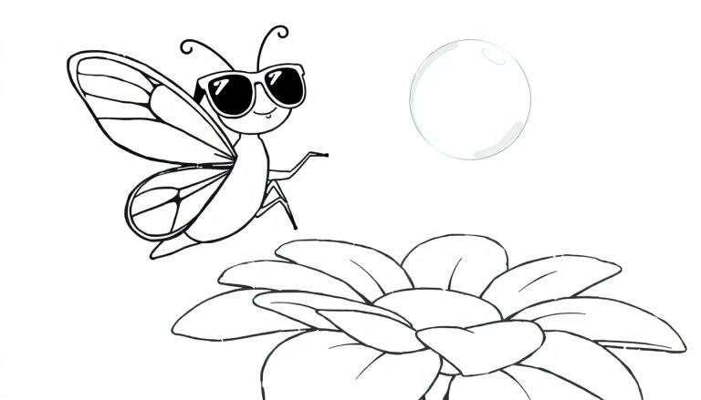 Dessin au trait d'un papillon avec des lunettes de soleil sur une fleur, pour coloriage.