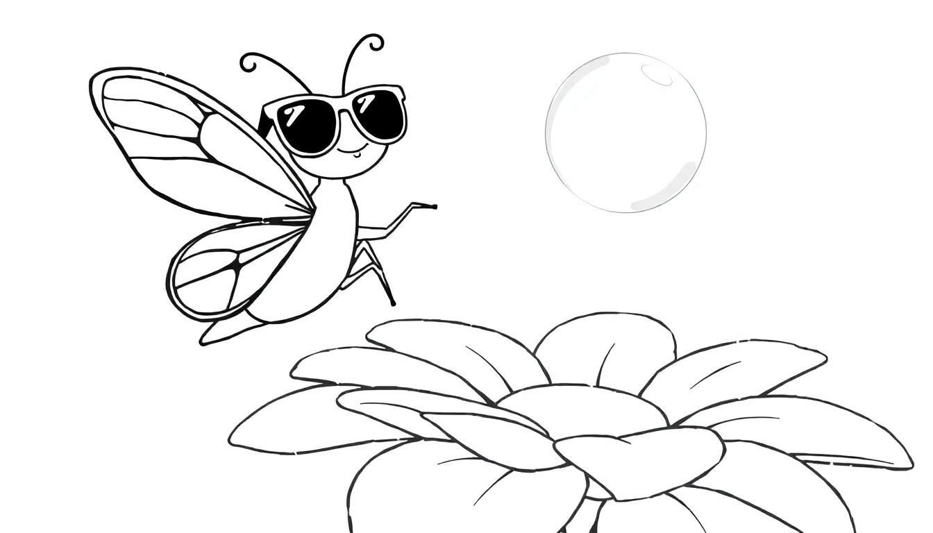 Dessin au trait d'un papillon avec des lunettes de soleil sur une fleur, pour coloriage.