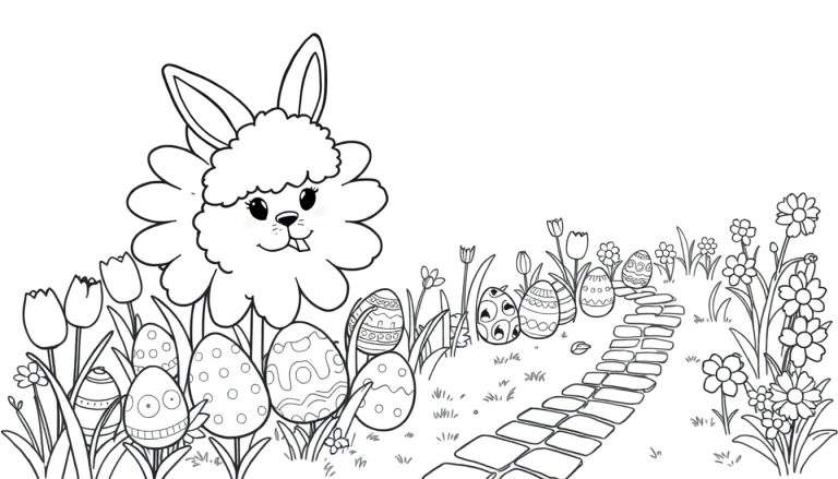 Coloriage d'une scène de Pâques avec une tête de lapin fleurie à gauche, entourée d'œufs décorés et de tulipes. Un chemin de pierres pavées traverse une prairie avec de l'herbe et des fleurs sauvages.