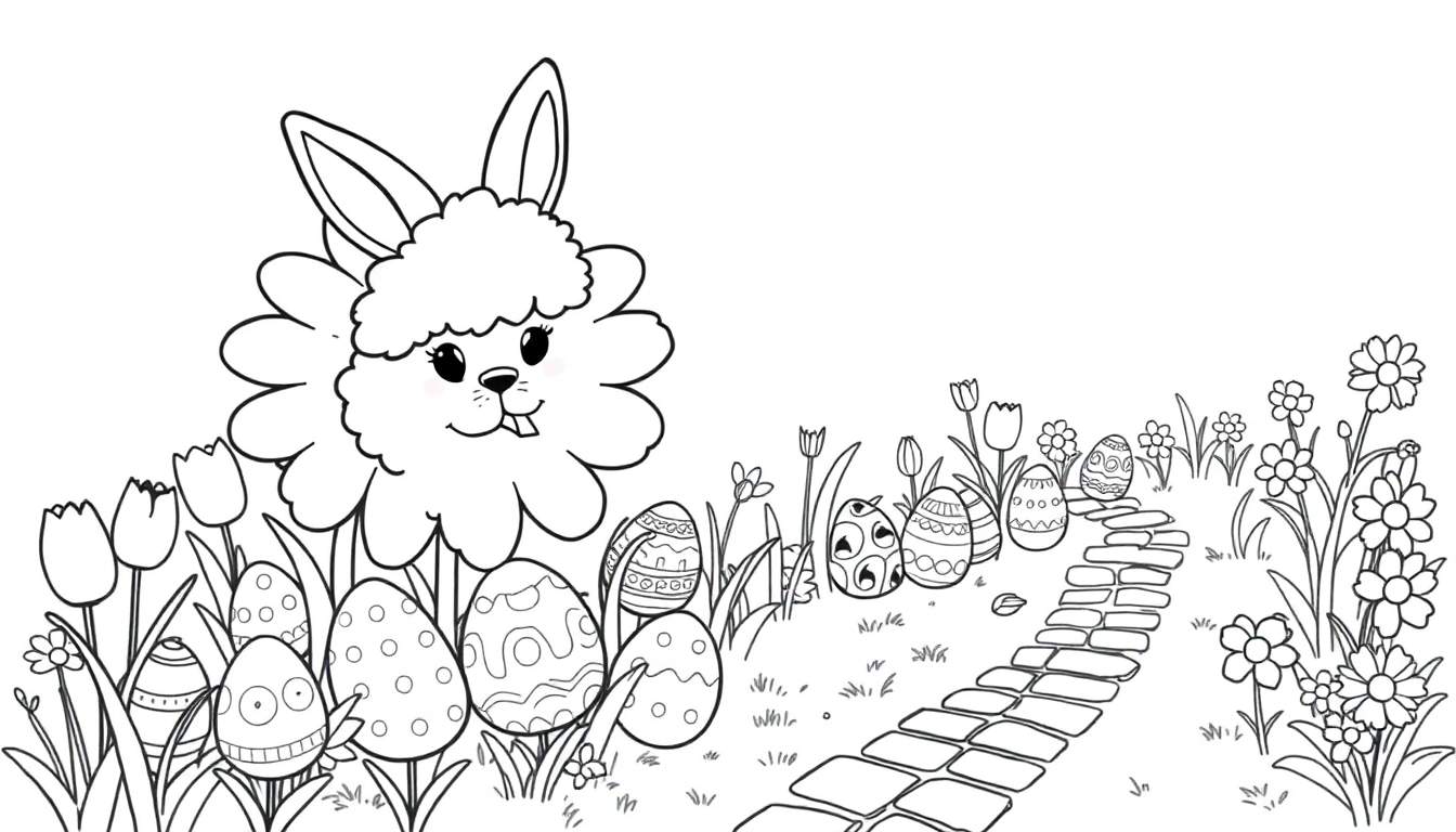 Coloriage d'une scène de Pâques avec une tête de lapin fleurie à gauche, entourée d'œufs décorés et de tulipes. Un chemin de pierres pavées traverse une prairie avec de l'herbe et des fleurs sauvages.