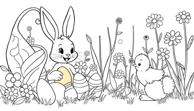 Coloriage d'un lapin joyeux tenant un œuf de Pâques entouré de fleurs et d'un petit poussin dans un champ printanier.