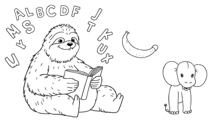 Coloriage d'un paresseux lisant un livre avec des lettres flottantes et un éléphant tenant une banane.