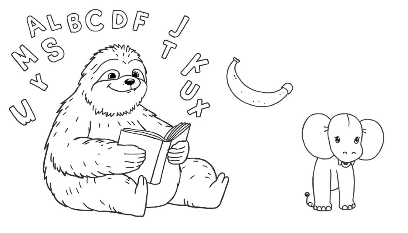 Coloriage d'un paresseux lisant un livre avec des lettres flottantes et un éléphant tenant une banane.