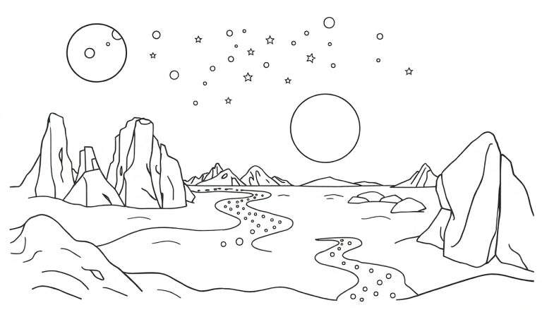 Coloriage d'un paysage extraterrestre avec deux lunes, des étoiles, des roches inhabituelles et un chemin sinueux parsemé de cercles.
