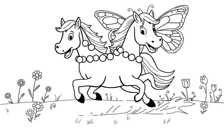 Dessin au trait noir et blanc d'un pégase à deux têtes avec des ailes de papillon courant dans un champ fleuri.