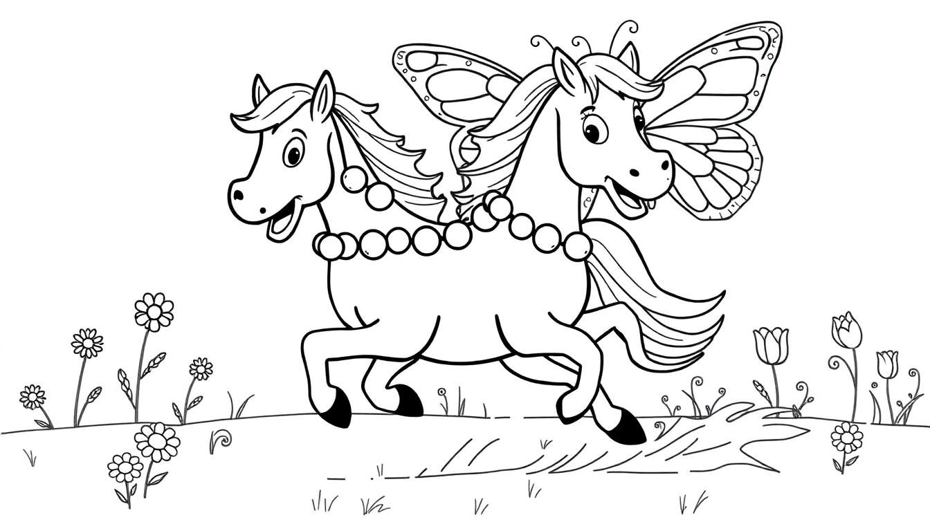 Dessin au trait noir et blanc d'un pégase à deux têtes avec des ailes de papillon courant dans un champ fleuri.