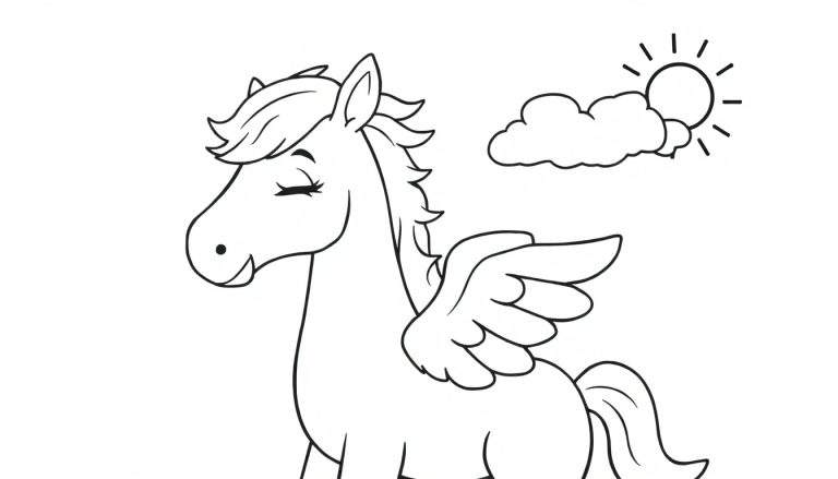 Dessin au trait noir et blanc d'un pégase endormi avec des ailes, un nuage et un soleil.