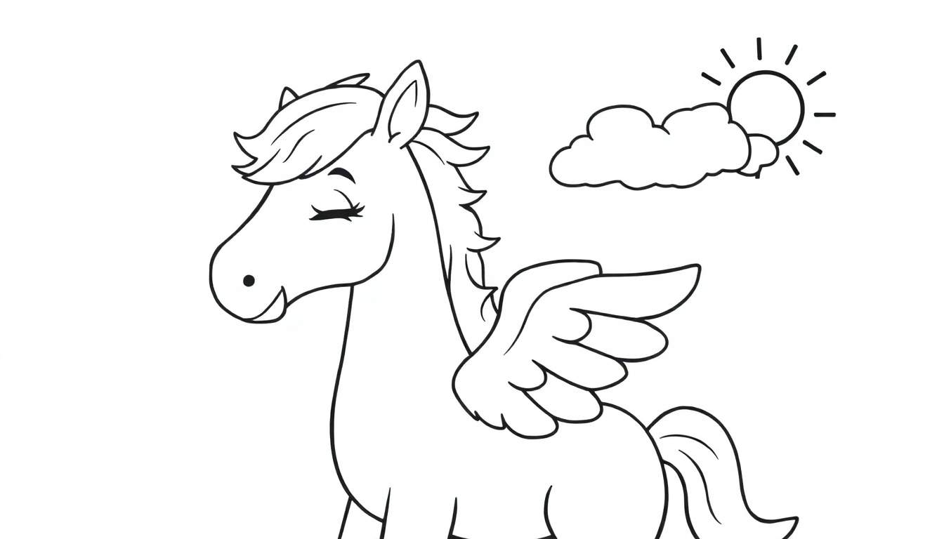 Dessin au trait noir et blanc d'un pégase endormi avec des ailes, un nuage et un soleil.