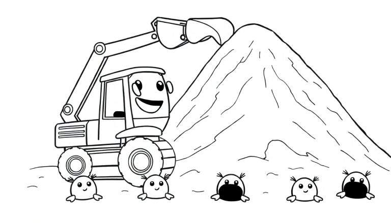 Image en noir et blanc d'une pelleteuse de dessin animé souriante près d'un tas de terre, avec cinq petites créatures rondes et mignonnes devant elle.