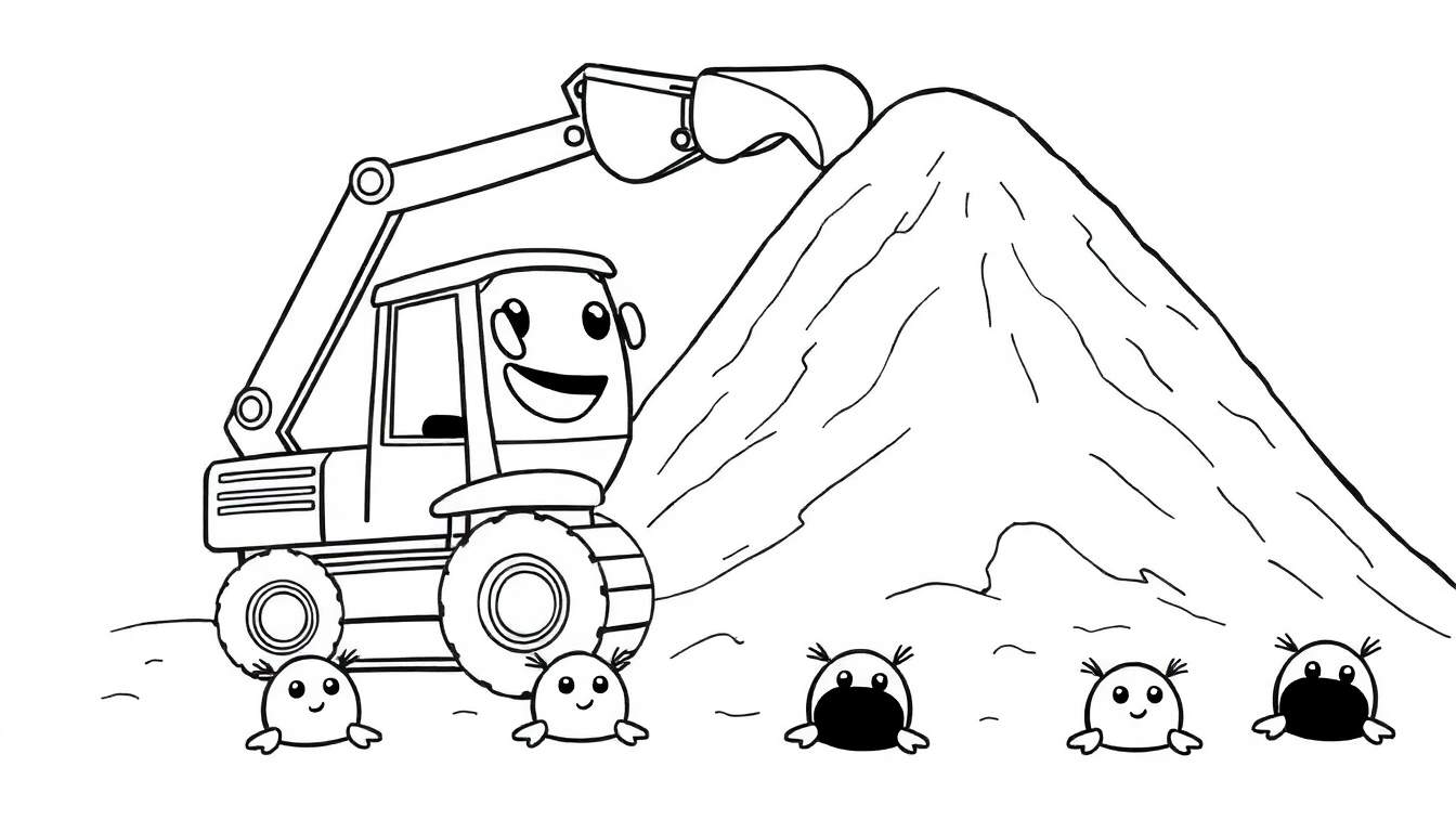 Image en noir et blanc d'une pelleteuse de dessin animé souriante près d'un tas de terre, avec cinq petites créatures rondes et mignonnes devant elle.