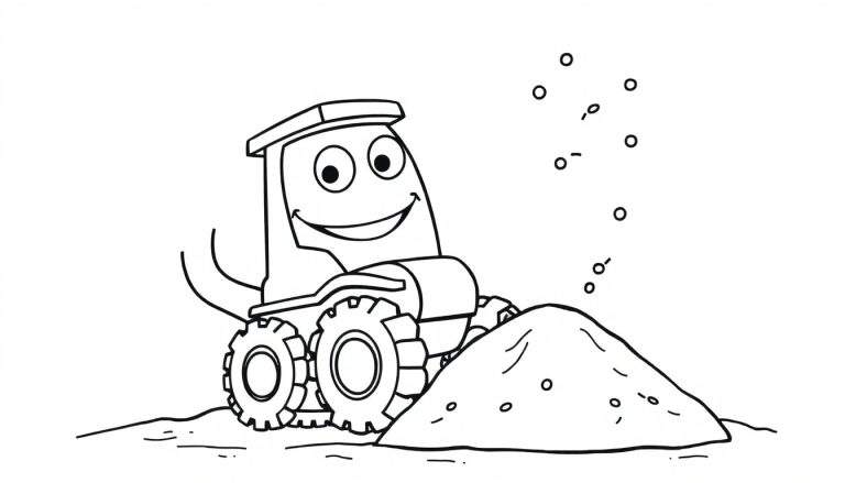 Dessin au trait d'une pelleteuse souriante creusant une pile de terre avec des bulles dans l'air.