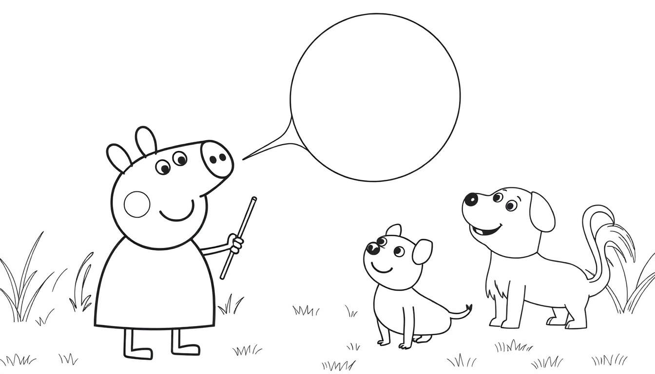 Dessin de coloriage Peppa Pig avec deux chiens sur l'herbe